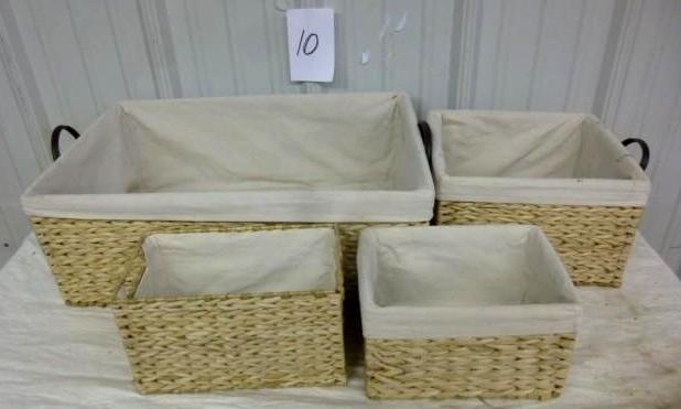 lot 10 image: 4 PC Wicker and Cloth Basket Set Br...