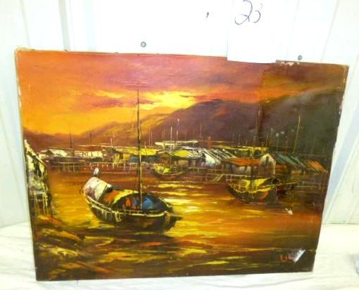 lot 23 image: Mountain Sea Port Theme on Canvas 2...