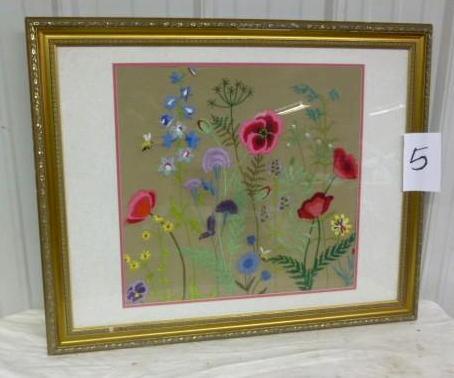 lot 5 image: Embroidered Floral Design Framed Wa...