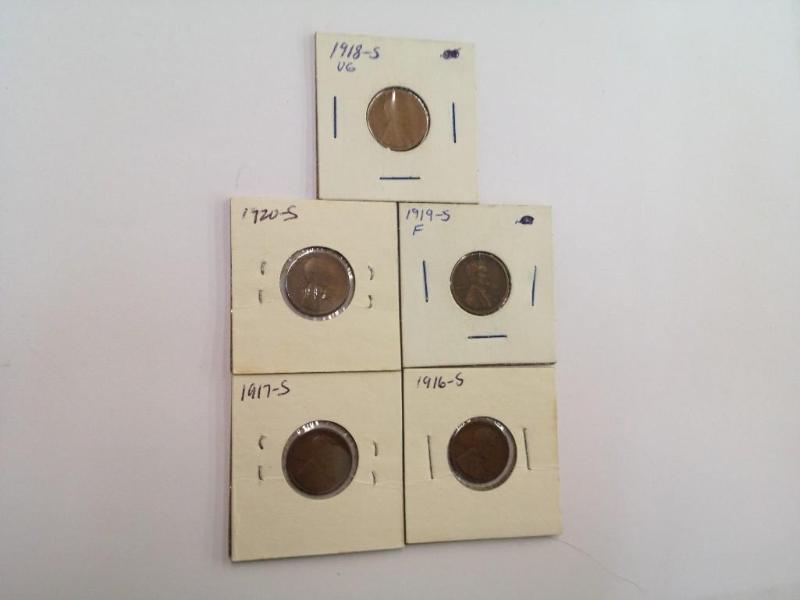 (5) Lincoln Wheat Cents 1916-S 1917...