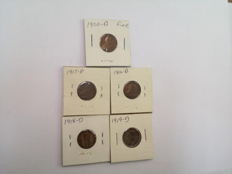 (5) Lincoln Wheat Cents 1916-D 1917...
