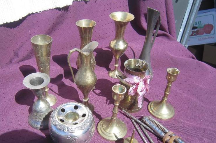 Box of misc brass, silver plated, c...