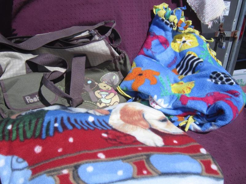 Box of misc blanket, diaper bag etc...