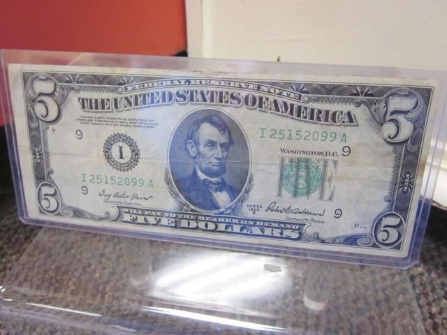1950 $5.00 Bill, mis-cut, in plasti...