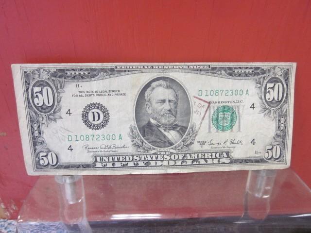 1969 mis-aligned front $50.00 bill,...