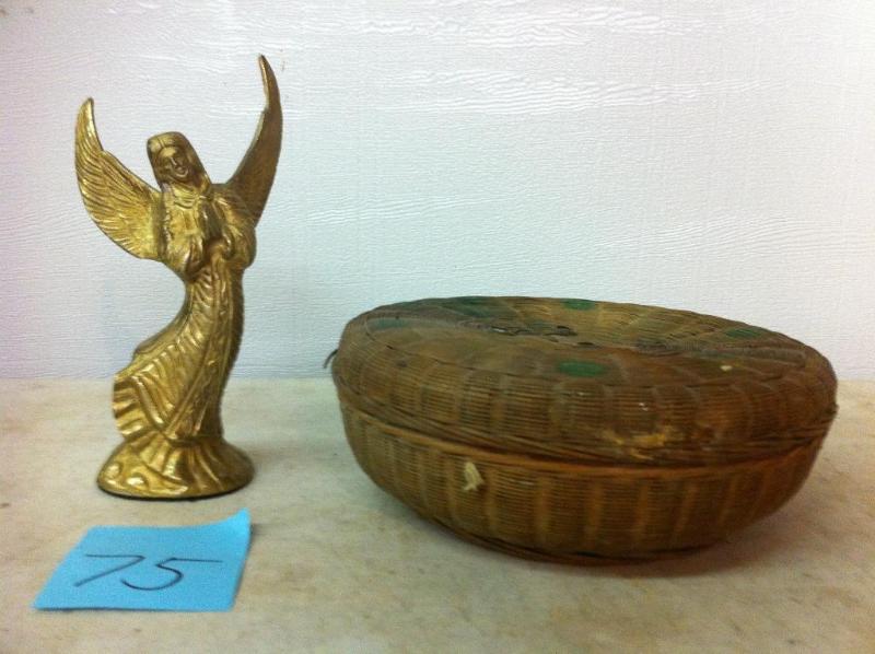 Brass angel and antique sewing bask...