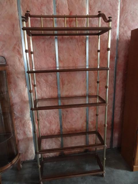 lot 30 image: Brass finish shelf unit with glass ...