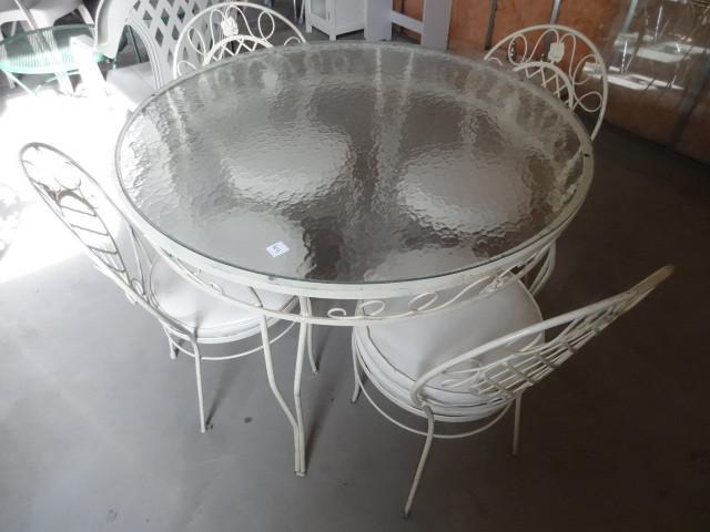 lot 44 image: Metal outdoor patio set. Glass top ...