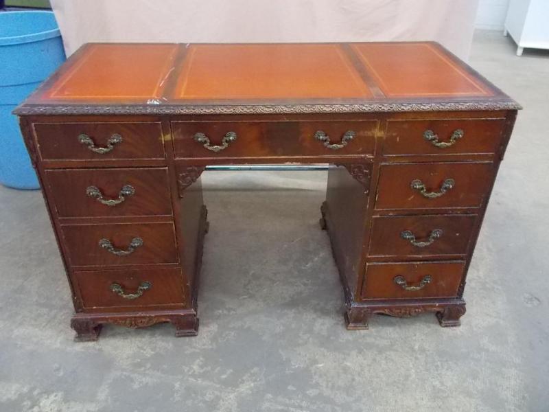 lot 27 image: Vintage desk with gold stamped leat...