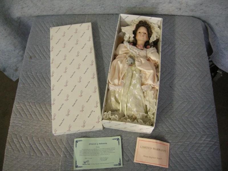 lot 117 image: Duck House Heirloom doll, 19",...