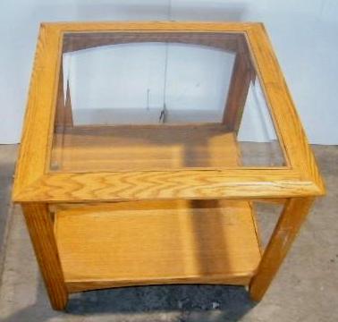 lot 144 image: - Solid Oak and Beveled Edge Glass ...