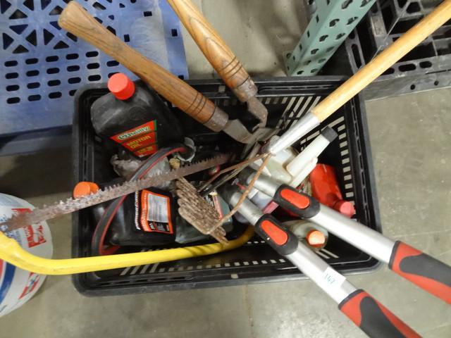 lot 142 image: Motor oil. Saw. Hedge clippers. Tre...