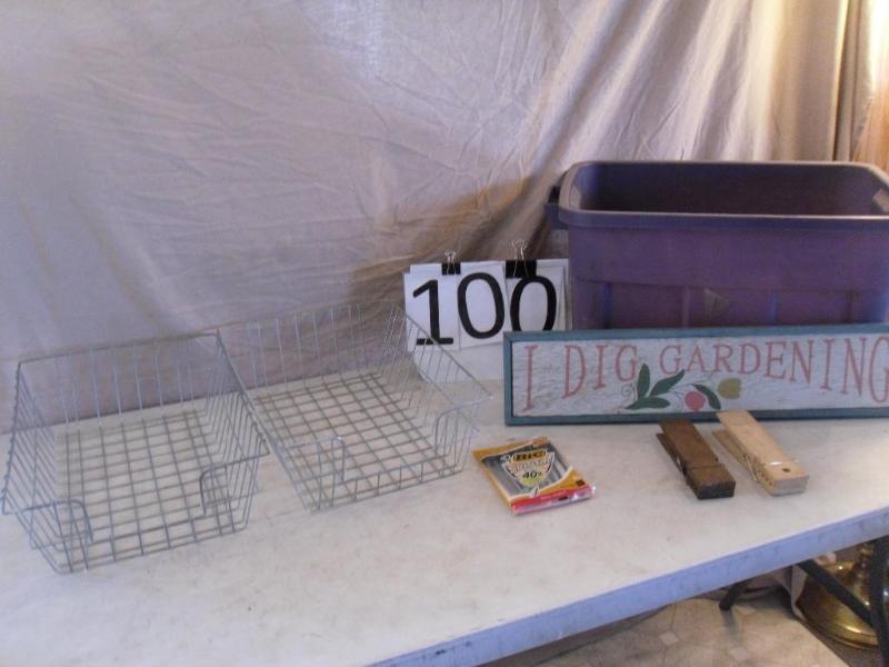 lot 100 image: Purple Tote (no lid), 2 Metal Baske...