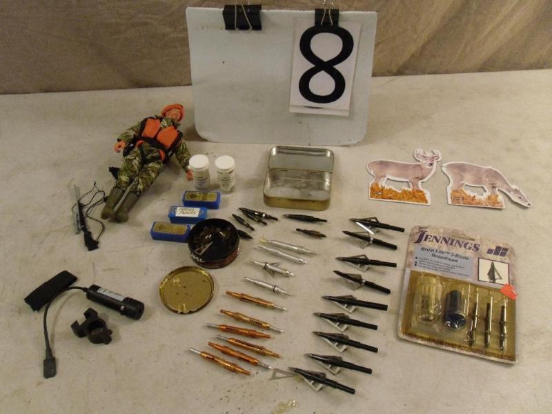 lot 8 image: Lot of Assorted Arrow Tips, Firearm Laser, and More.