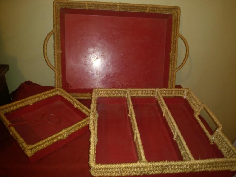 Set of 3 Red Metal and Wicker Patio...