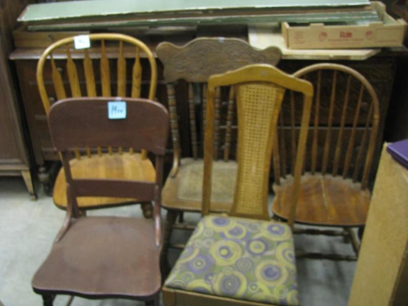 five vintage wooden chairs all stur...
