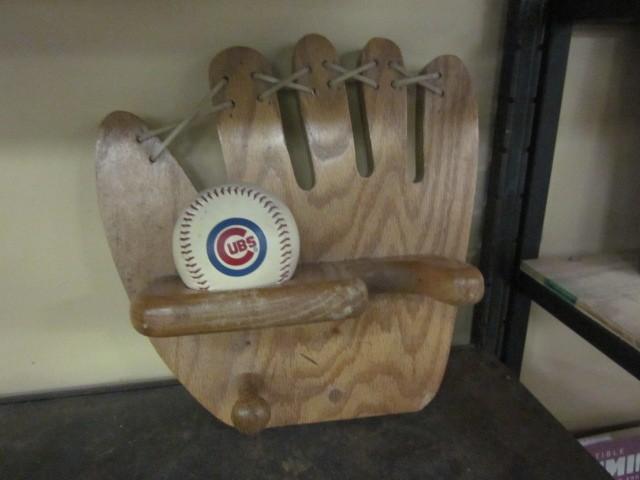 Wooden Mitt wall shelf for bat, bal...