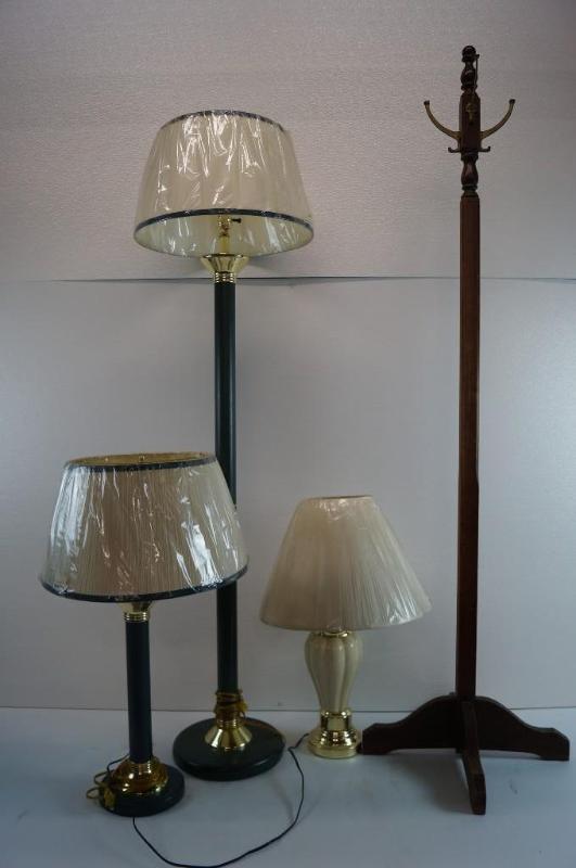 3 lamps and wood coat hangar...