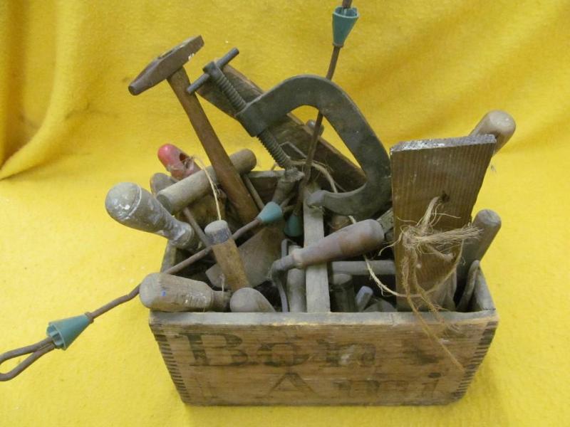 lot 225 image: Vintage Wood Box with All Sorts of ...