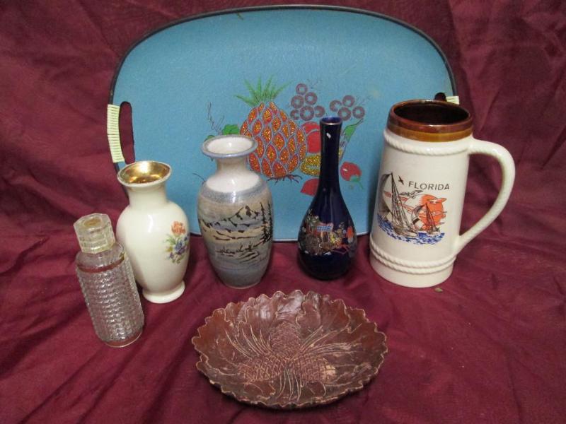 lot 12 image: Lot of vases, trays, and a stein. A...