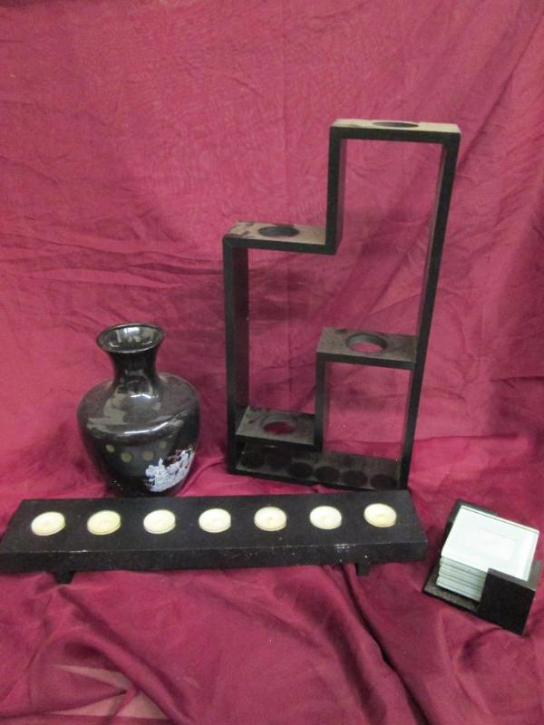 lot 198 image: Lot of black shelving, coaster set,...