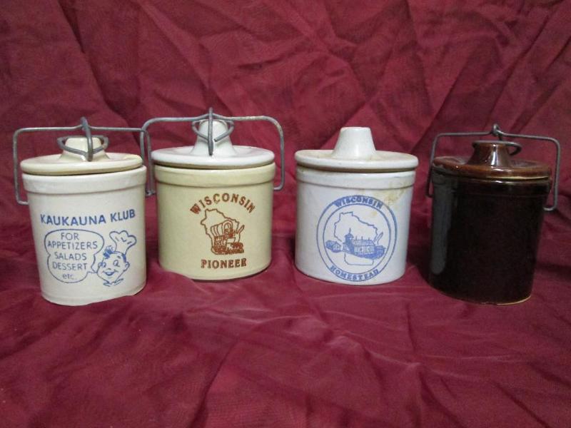 lot 21 image: Lot of 4 vintage cheese crocks. Two...