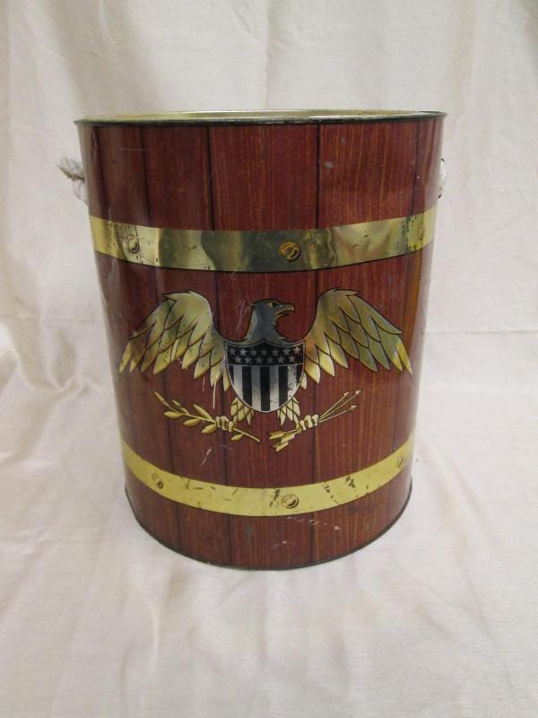 lot 222 image: Vintage tin with wood look and eagl...