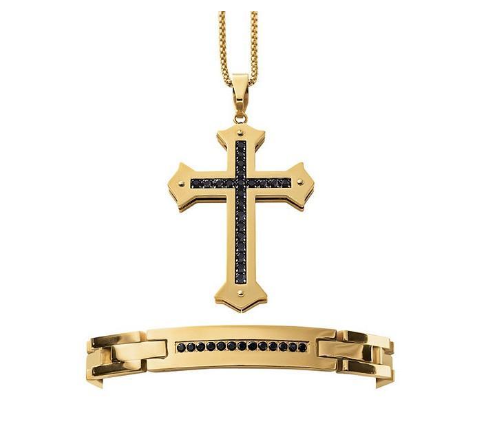 lot 24 image: Black Crystal Cross & Bracelet Set