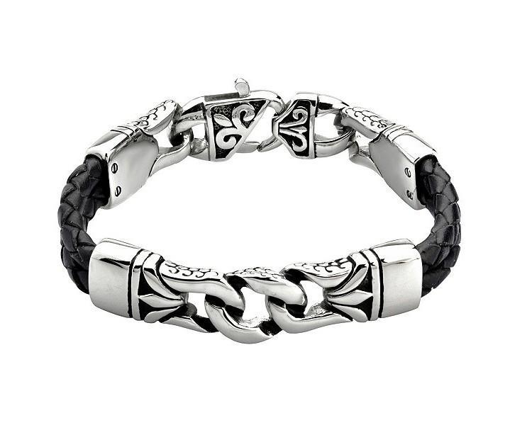 lot 39 image: Steel & Black Leather Bracelet