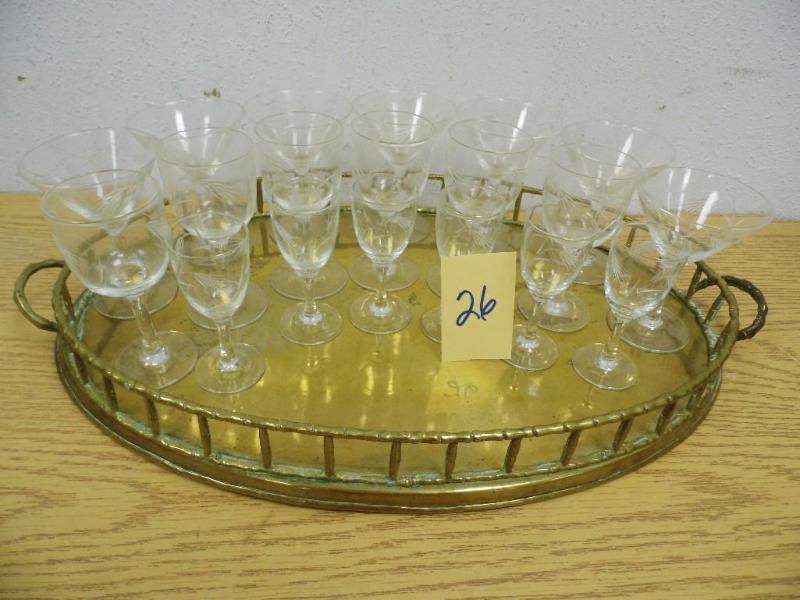 lot 26 image: Brass Tray with 19 Assorted Glasses