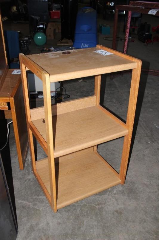 lot 204 image: Wooden, Rolling, Shelving Unit, 3 S...