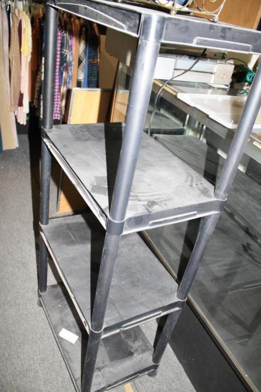 lot 128 image: Plastic shelving, wire basket...