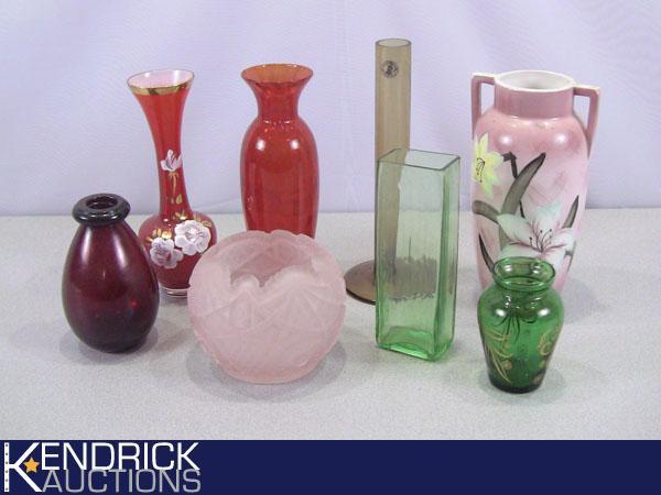 Lot of Colored Glass, and Hand Painted Vases