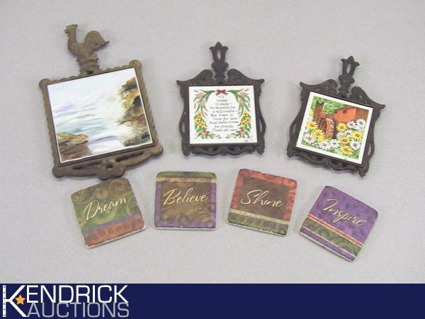 Lot of Collectible Tiles, with Cast Iron Holders, and Set of Tile Coasters