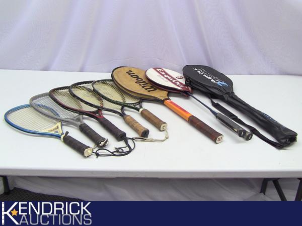 Lot of Racquetball Ball and Badminton Rackets