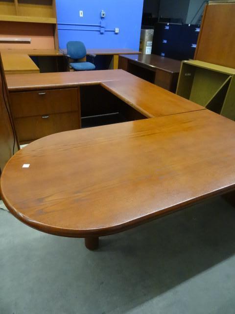 lot 156 image: U shaped 4 piece desk. Over head li...