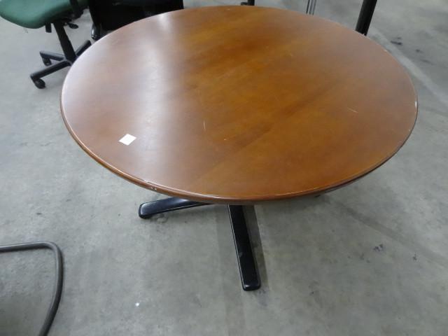 lot 302 image: 42" round table with metal bas...