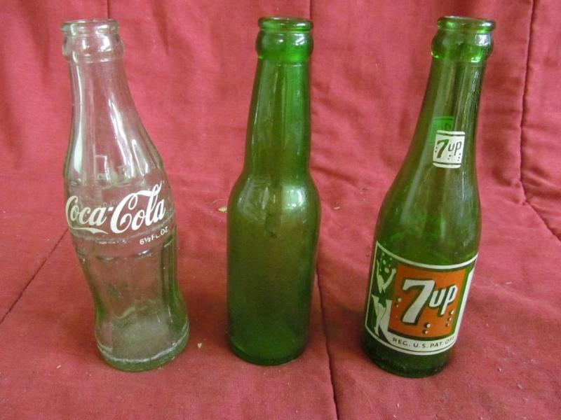 3 Pop Bottles, 7-UP and Coca Cola...