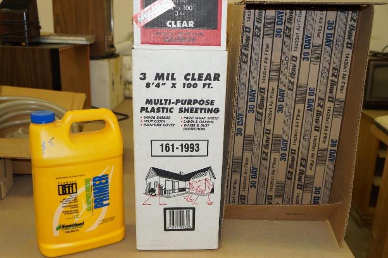 lot 28 image: Box of New Furnace Filters, Plastic Sheeting & Adhesive Primer