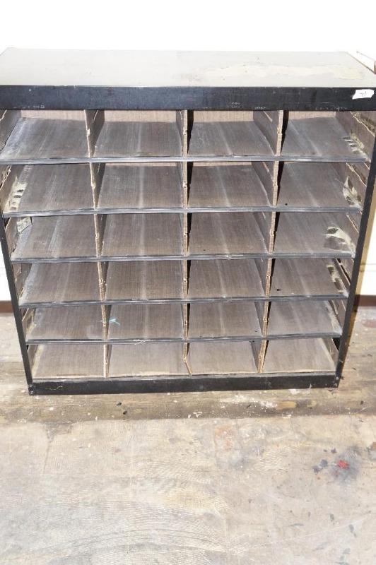 lot 71 image: Black Metal Storage Cabinet w Multiple Slots