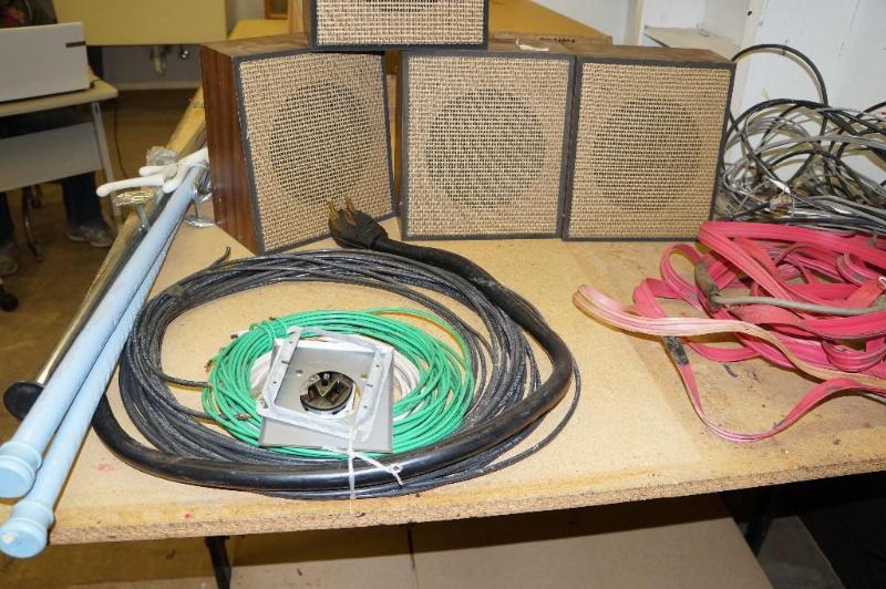lot 72 image: Lot of 4 Speakers, Cords & Shower Curtain Rods