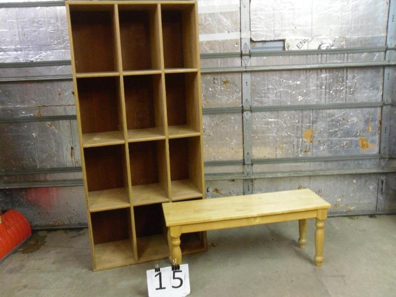 lot 15 image: Storage shelf and wood bench. Shelf...