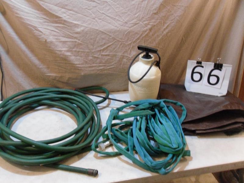 lot 66 image: Sprayer, Tarp, Rubber Hose, and Sof...