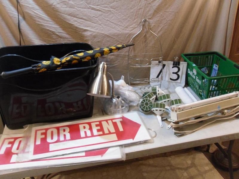 lot 73 image: New For Rent Signs, Umbrella, Tote ...