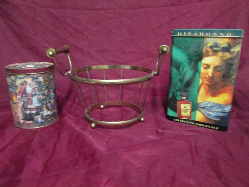 Vintage tins and planter basket....