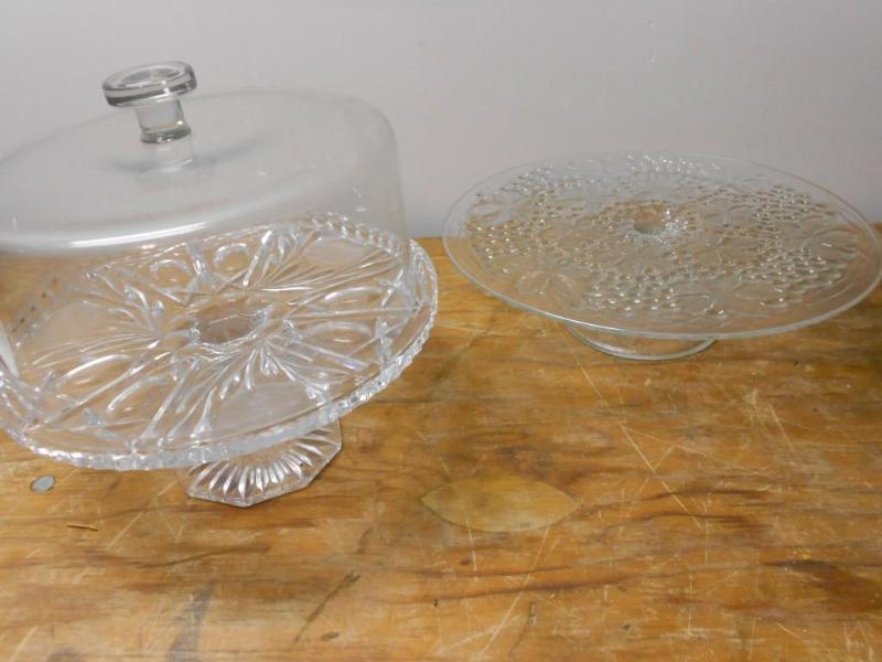 2 glass cake plates and 1 glass cak...