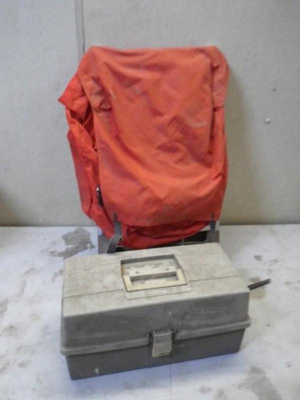 frame backpack, tackle box...