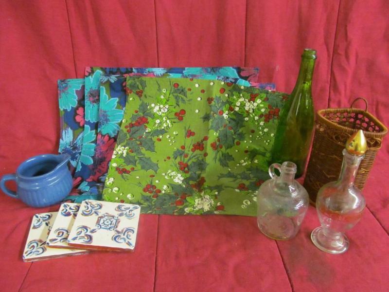 Placemats, 3 tiles, creamer, bottle...