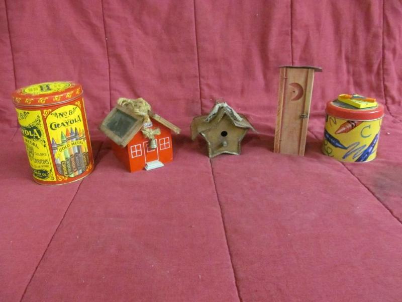 Wooden Outhouse, Birdhouse and scho...