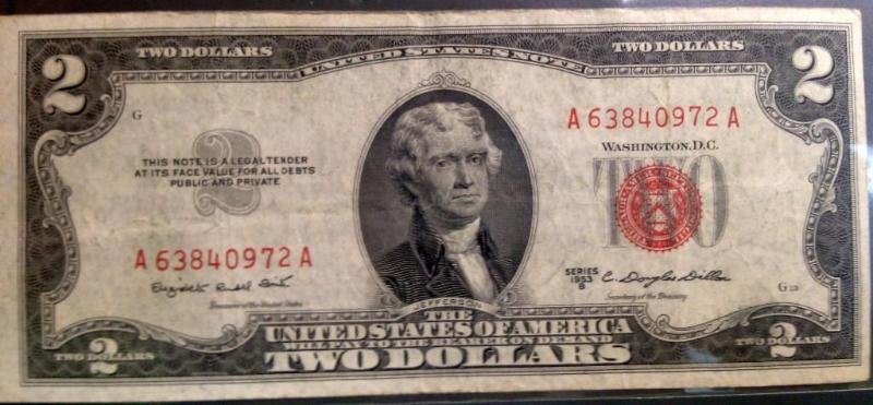 1953 US TWO DOLLAR BILL RED SEAL NO...